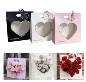 Bolsa de embalagem portátil em forma de coração, bolsa quadrada para embalagem com alça, para dia da mãe, janela de flor
