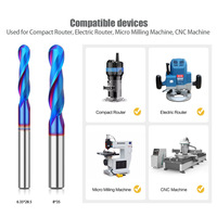 8mm Tige TCT Mortaisage CNC Nano Boule Bleue Nez Fraise 1/4 Routeur Bit Set 2 lames Top Spin Ball Head Straight Wood Cutter