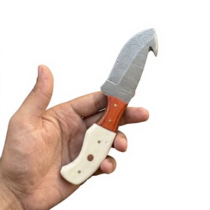 Cuchillo de caza y camping personalizable DIY con hoja fija de acero de Damasco forjado, punta de gota, dureza 58-60 y mango de madera Pakka azul - Product Image 1