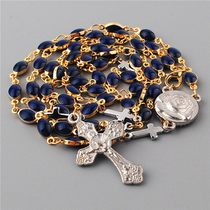 Mini connettore croce medaglia e blu scuro 14K oro reale placcato perline con catena di rame rosario Catholic collane per regali - Product Image 1