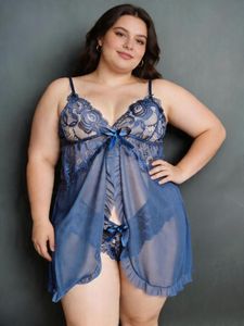 Ensemble de lingerie babydoll en dentelle rose pour femmes grandes tailles, 2 pièces, bretelles spaghetti, fente avant, mini-chemise de nuit en maille transparente à volants - Product Image 6