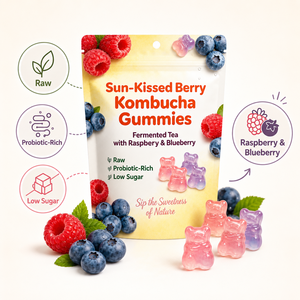 Gummies au kombucha aux baies Sun Kissed, probiotiques bruts riches, faibles en sucre, thé <span class=keywords><strong>ferment</strong></span>é, framboise, myrtille, soutien digestif, personnalisation OEM - Product Image 3