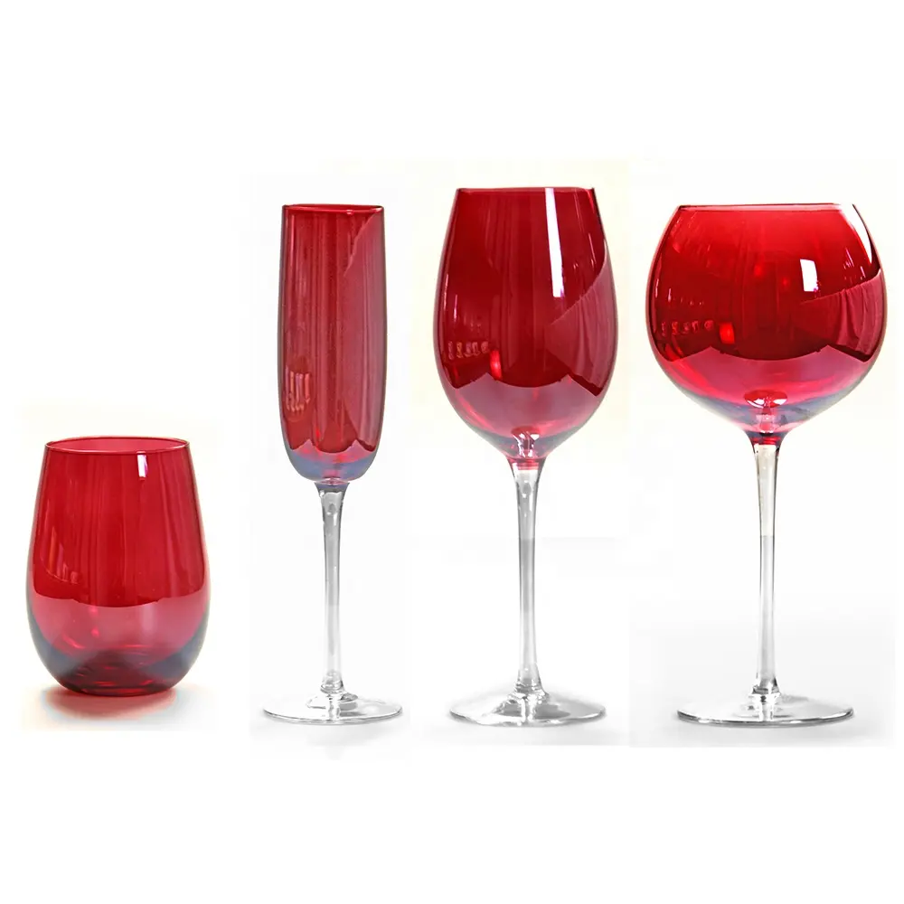 최신 사용자 정의 레드 컬러 잔 럭셔리 스타일 다채로운 크리스탈 와인 안경 4PCS 세트 와인 유리 세트 위스키 레드 와인 안경