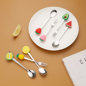 Tenedor creativo con mango de fruta para niños, cuchara de acero inoxidable con dibujos animados, para postre y café - Product Image 4