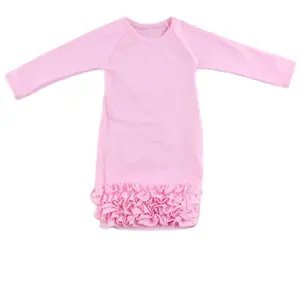 Monogram Blanks Newborn Baby Night Gown Solid Pink Long Raglan Sleeve Baby Icing Ruffle Gown With Triple Icing Ruffle Bottom