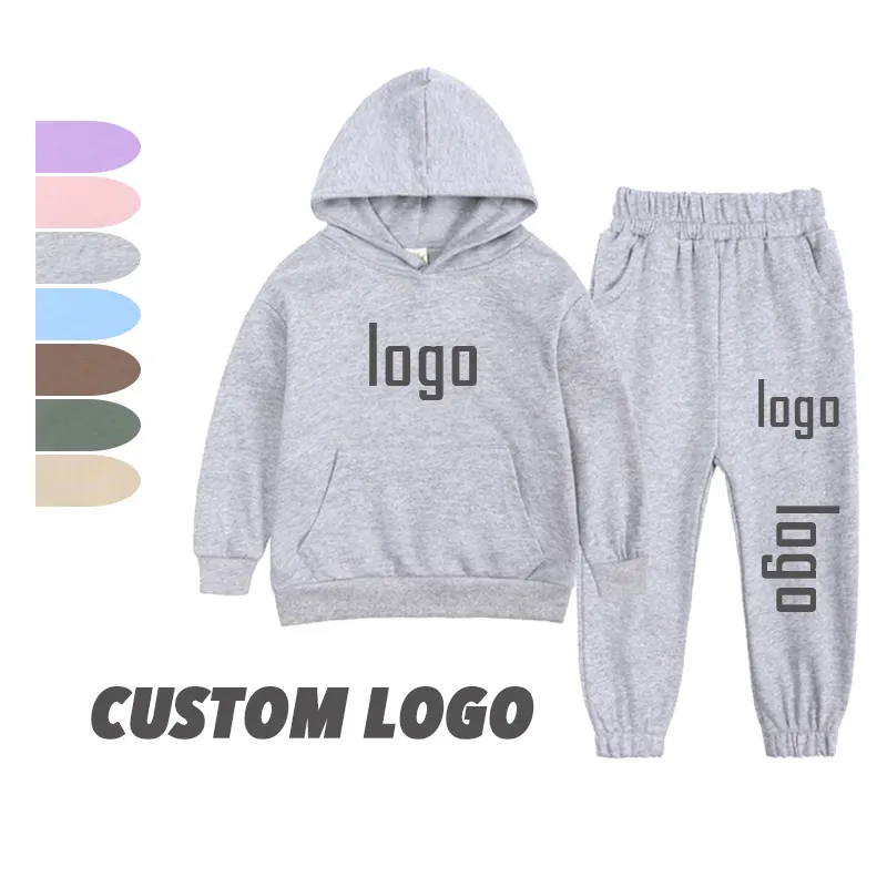 Conjunto de ropa de algodón con logotipo personalizado para niños y niñas, pantalones de chándal y Sudadera con capucha, 2 piezas