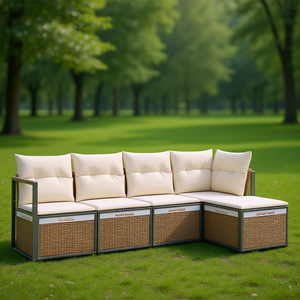 ชุดโซฟาสวนทันสมัยสีเบจทำจากหวาย PE พร้อมเบาะโฟมความหนาแน่นสูง เฟอร์นิเจอร์กลางแจ้งดีไซน์ร่วมสมัย - Product Image 2