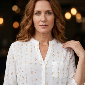 Robe droite blanche brodée tissée, longueur genou, col à revers, manches longues, coupe ample, motif géométrique, style décontracté d'été - Product Image 3