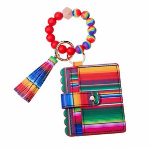 Llavero Portatarjetas de Crédito, Monedero de Cuero con Cremallera, Cartera de Cuero Estampada, Pulsera de Silicona con Cuentas Florales, Llavero con Borla - Product Image 5