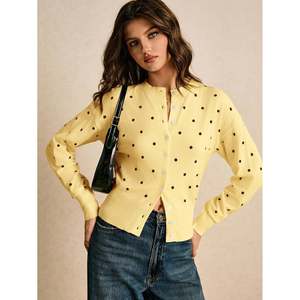 Cardigan en maille fin à pois blancs pour femme, col rond, boutonné, anti-boulochage, coupe décontractée à épaules tombantes, idéal pour le printemps - Product Image 1
