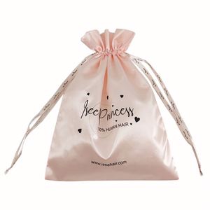 High Quality Pink Custom Logo <b>Drawstring</b> Ribbon Beauty Hair <b>Pouch</b> Gift Silk Satin Wig Bag - Product Image 1