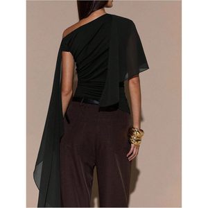 FOXA Women's Ruched Cape <b>One</b> Shoulder Short Sleeve Asymmetrical Neck Fitted Crop <b>Top</b> 100% Polyester - Product Image 2