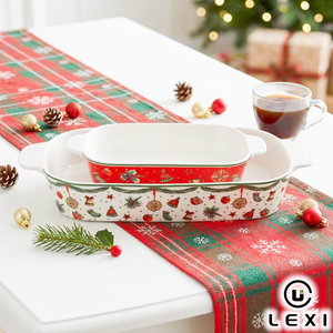 Ensemble de plats de cuisson <span class=keywords><strong>en</strong></span> céramique de Noël, 2 plats imbriqués ovales et rectangulaires, motif de guirlande de houx, <span class=keywords><strong>en</strong></span> porcelaine, revêtement céramique durable - Product Image 1