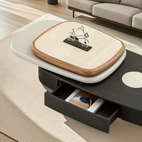 Table basse moderne rotative à 360 degrés avec tiroir, plateau en pierre frittée travertin et base de rangement en placage de bois noir