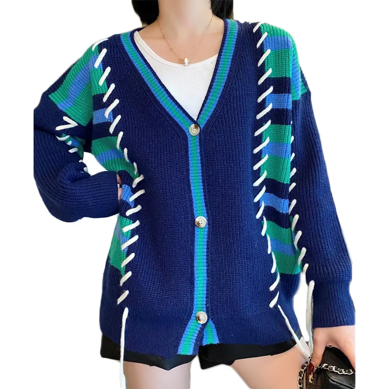 Knitwear factory custom autumn green V neck long sleeves women cardigan sweater
