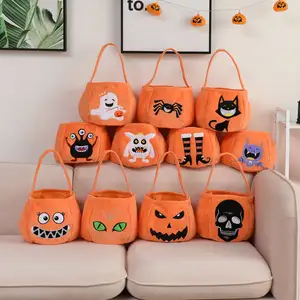 Custom Plush Halloween Pumpkin Basket Bowknot Kids Gift Hand Tote Candy Bag Trick or Treat Bag Orange Round Halloween Bucket