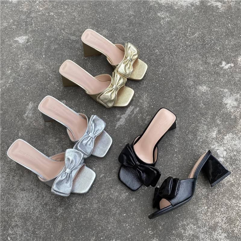 Fashion New Style Women Square Toe Block Heel Sandals Elegant Bow