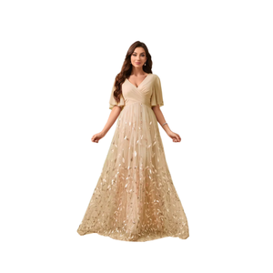 Romantic V-Neckline Lace Flounce Sleeve Waist Slim Chest Pleated Leaf Mesh Applique Maxi Women <b>Flared</b> A-Line Evening Gown Summer - Product Image 1