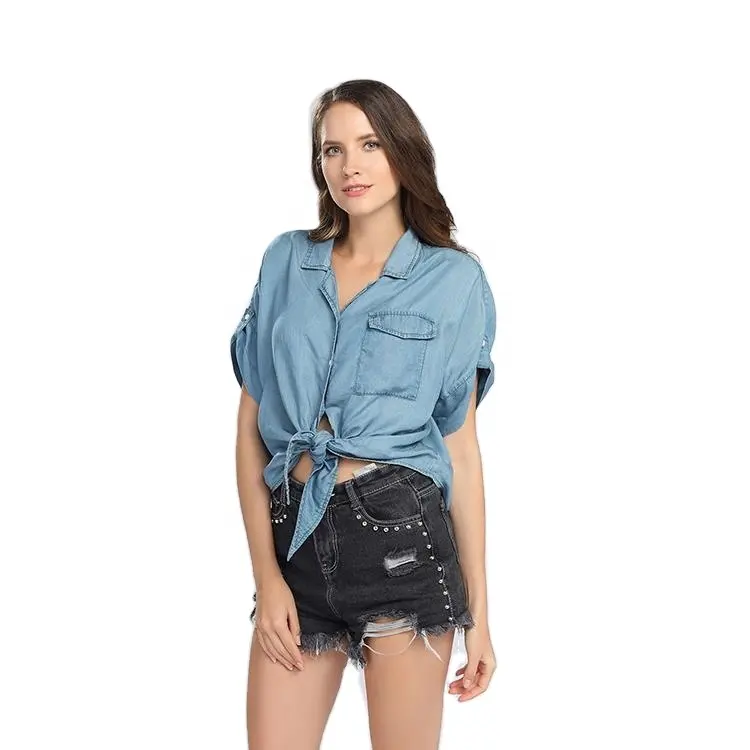 Fabriek Direct Zomer Strand Stijlvolle Korte Mouw Dames Mode Denim Shirt Blouse Eenvoudig Ontwerp Voor Vrouwen