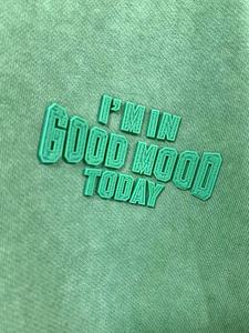 Camiseta Verde Lavada Oversize para Hombre, con Estampado de Dibujos Animados 'I'M GOOD <span class=keywords><strong>MOOD</strong></span> TODAY' por Transferencia Térmica, Transpirable, 280g, Corte Holgado Informal - Product Image 4