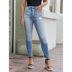 Livraison gratuite aux États-Unis, jean skinny bleu clair à haute élasticité, jean skinny déchiré pour femmes, jean crayon à braguette boutonnée pour mamans - Product Image 5