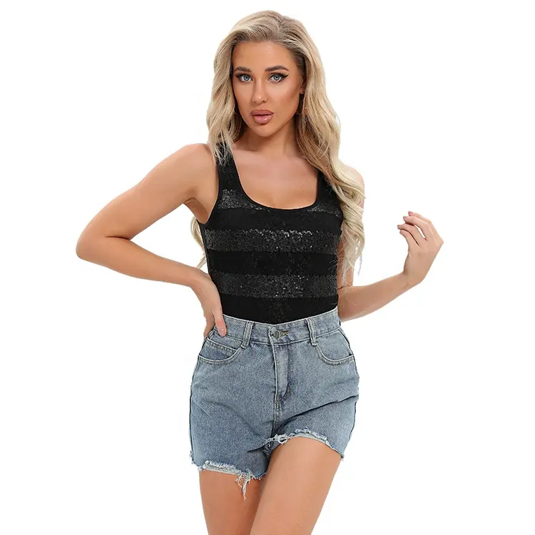 Woman's Quick Drying Sport Vest U Collar Breathable Vest Summer Sleeveless Black Lace Striped Sequined Tank Top Party Vest
