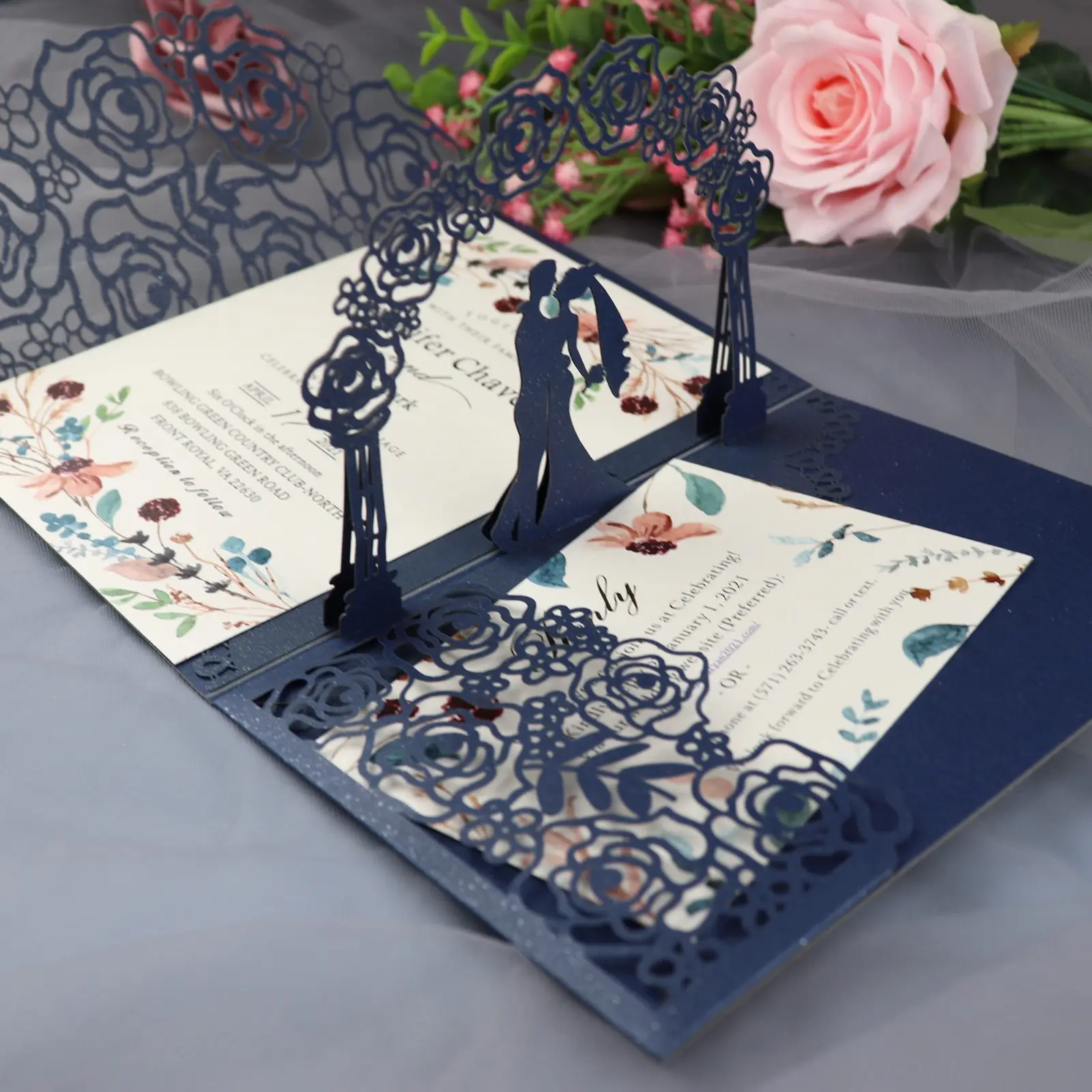 Fabrik benutzer definierte Druck romantische 3D drei dimensionale Rose Blume Gruß karte kreative Hochzeits einladung karte