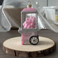 Hiasan Gantung Pohon Natal Warna Pink Silver dengan Glitter, Figurine Ornamen Kaca Mesin Permen Kapas Natal