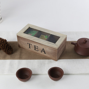 <b>Wooden</b> Tea Box Rectangular Three Compartment Storage Box With Glass Lid For Tea Bag Organization - Product Image 1