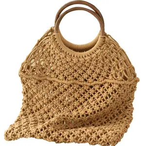 Bolso de mano de algodón ecológico para mujer, bolsa de red para compras, tejido de paja, para playa, de ganchillo