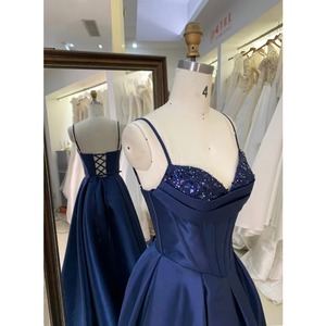 <span class=keywords><strong>Vestido</strong></span> de Noche <span class=keywords><strong>Azul</strong></span> <span class=keywords><strong>Marino</strong></span> Oscuro de Satén con Cuentas y Espalda con Cordones, Largo hasta el Suelo, Vestidos de <span class=keywords><strong>Princesa</strong></span> para Fiesta de Graduación al por Mayor - Product Image 3