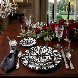 <span class=keywords><strong>Service</strong></span> de table en céramique <span class=keywords><strong>noir</strong></span> <span class=keywords><strong>et</strong></span> <span class=keywords><strong>blanc</strong></span> personnalisé, assiettes en porcelaine à motifs géométriques vintage, <span class=keywords><strong>vaisselle</strong></span> résistante au lave-<span class=keywords><strong>vaisselle</strong></span> pour la vente au détail - Product Image 5