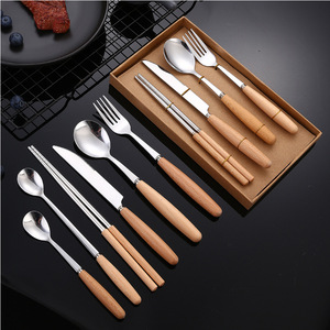 Stainless Steel Japanese Style Cutlery Set With Wooden Handle Dinnerware For Dining Eco Friendly Portable <b>Gift</b> Set - Product Image 1