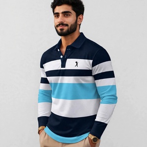 Polo de rugby décontracté pour homme à manches longues, rayé, avec blocs de couleur contrastés, en mélange de coton, vente en gros, OEM - Product Image 2