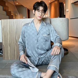 Conjunto de <span class=keywords><strong>Pijamas</strong></span> largos para hombre, primavera Otoño, manga larga, fina, de seda de hielo, de gama alta, Jacquard, talla grande, se puede usar fuera del hogar, traje de ropa - Product Image 1