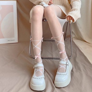 Lolita Student White Stockings 8D Ultra Thin Calf-Length Lace-Up Bow Pantyhose Women Spring Autumn Transparent - Product Image 4