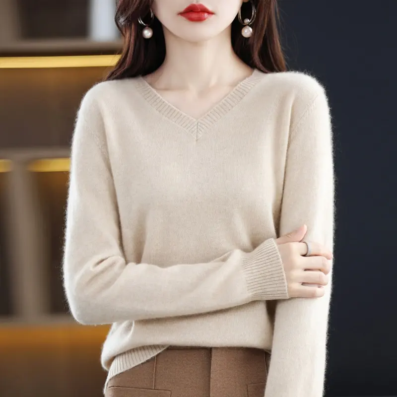 Spring Soft Glutinous Pure Wool 2023 New Women's Clothes V-Neck Short Loose Pullover Solid Color Knitted Underwear Top Sweater