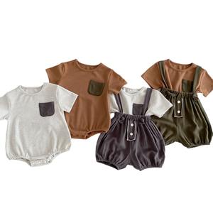 Angou INS Stile Coreano Set Estivo per Neonati e Bambini, Tutine a Righe in Cotone, T-Shirt Versatile con Tasche per Esterni - Product Image 1