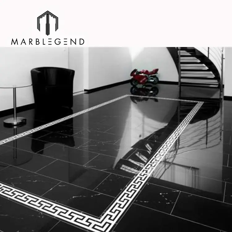 Desain interior ruang tamu elegan dipoles Maquina nero hitam marmer lantai