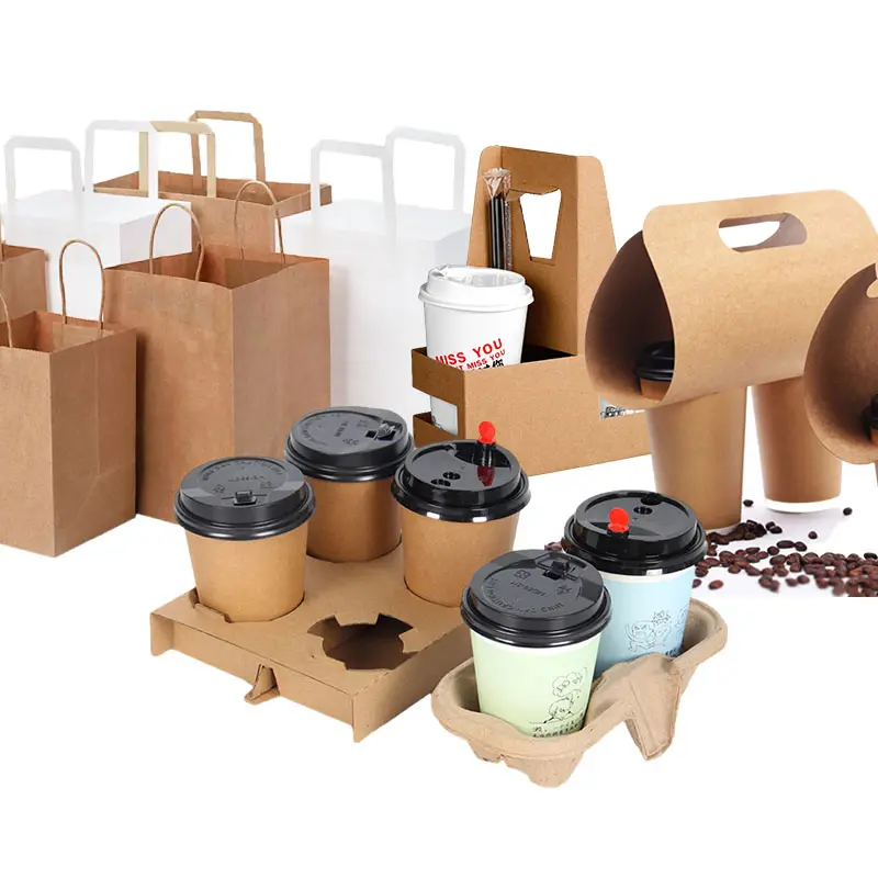 Vente chaude jetable double paroi papier café à emporter porte-gobelet avec sac en papier pour boissons chaudes