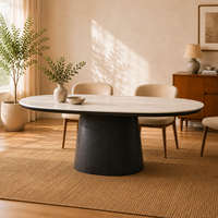 Table à manger ovale moderne en marbre avec piétement en bois noir pour salle à manger de luxe