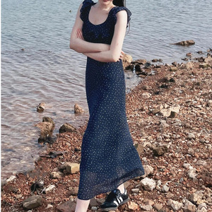French Style Polka Dot Flutter Sleeve Square Neck Suspender <b>Dress</b> <b>Elastic</b> Waist Long Casual <b>Dress</b> For Women Summer 2025 - Product Image 3
