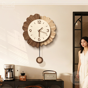 Sunburst Wall <b>Clock</b> Wood Grain Art Pendulum <b>Battery</b> Powered Living Room Decorative <b>Clock</b> Single Face Electronic Movement - Product Image 4