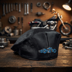 CHAPEAU EN CUIR HMB-903B8 BRODURE NOIRE CASQUETTES STYLE BIKER COULEUR NOIRE - Product Image 3