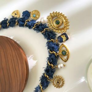 Nouveau Collier Tendance en Acier Inoxydable Plaqué Or pour Femme, <span class=keywords><strong>avec</strong></span> Pendentif Cœur, Yeux <span class=keywords><strong>Mal</strong></span>éfiques et Perles d'Imitation, Chaîne en Corde de Denim Bleu, Fait Main - Product Image 5