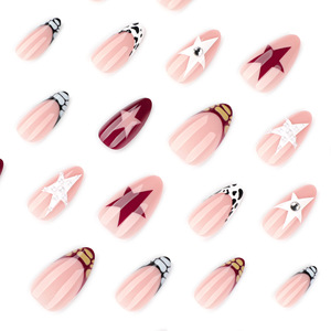 Faux ongles à presser en amande, motif crocodile français avec étoiles et perles, base nude, pour femmes, usage quotidien - Product Image 4