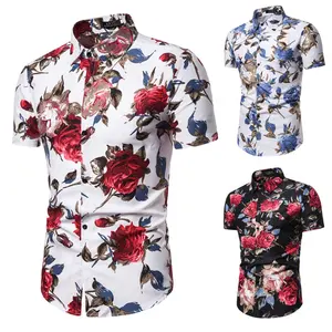 Yaz beyaz baskılı kısa kollu gömlek erkekler için Hawaii gül çiçek gömlek Vacation tatil Camisa Chemise büyük boy Aloha