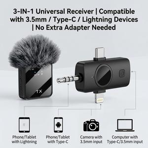 Microphone 3-en-1 pour téléphone, microphone cravate sans fil pour appareils photo, mini-microphone pour le blogage avec réduction de bruit IA - Product Image 2