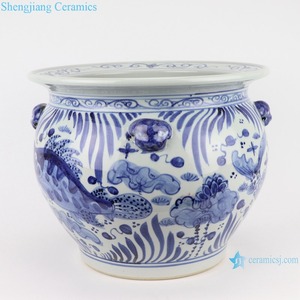 RZSD03 Pot de fleurs en céramique bleu et blanc à motif de poisson <span class=keywords><strong>avec</strong></span> tête de lion pour l'intérieur et le jardin <span class=keywords><strong>Réservoir</strong></span> <span class=keywords><strong>d</strong></span>'<span class=keywords><strong>eau</strong></span> - Product Image 3