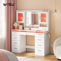 Coiffeuse moderne écologique avec miroir, éclairage RGB, station de charge, 9 tiroirs, 2 portes, plateau en MDF, blanc